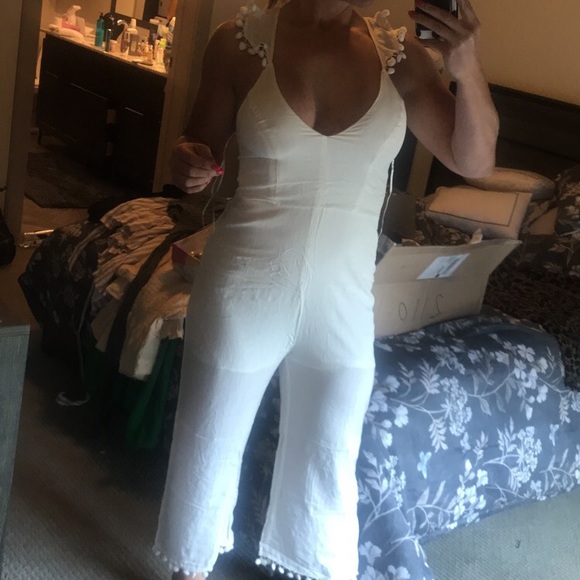 White Jumpsuit with Pom Detailing - Picture 3 of 3